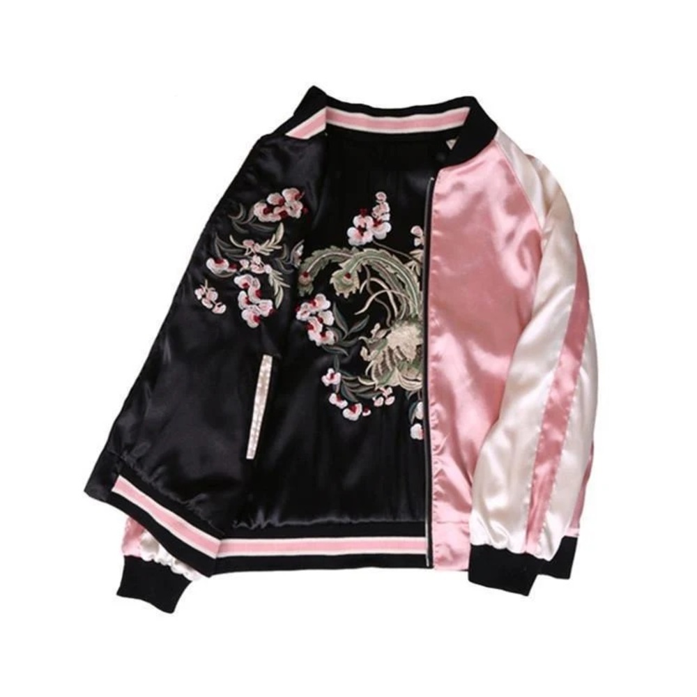 Japanese Floral Embroidered Satin Bomber Jacket Medium